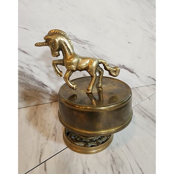 Vintage Brass Unicorn Music Box 1970s Fantasy Figurine Spinning Base Works Great - Picture 2 of 9